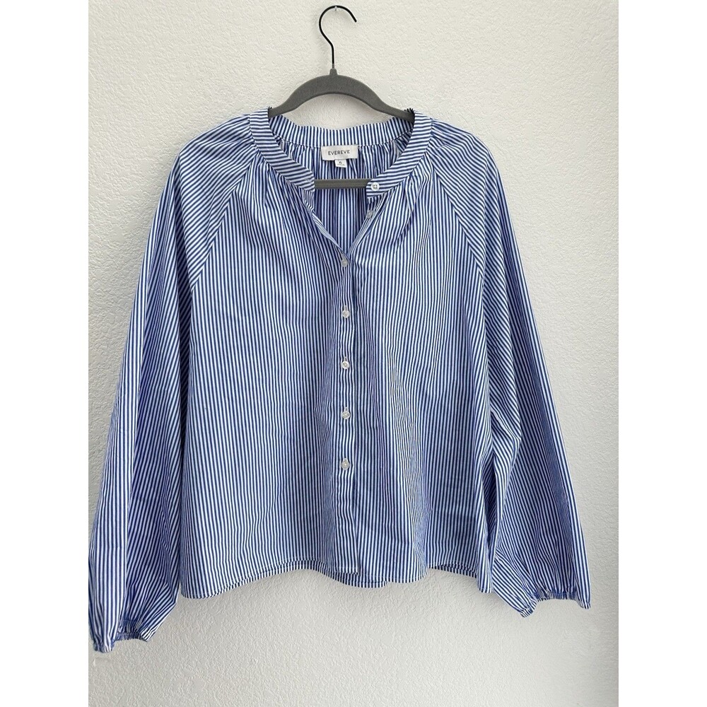 EVEREVE Blue White Stripe Button Down Shirt Size XL 100% Cotton Poplin Blouse